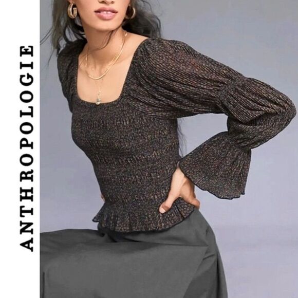 Like New Anthropologie Metallic Square Neck Smocked Top - Picture 4 of 5
